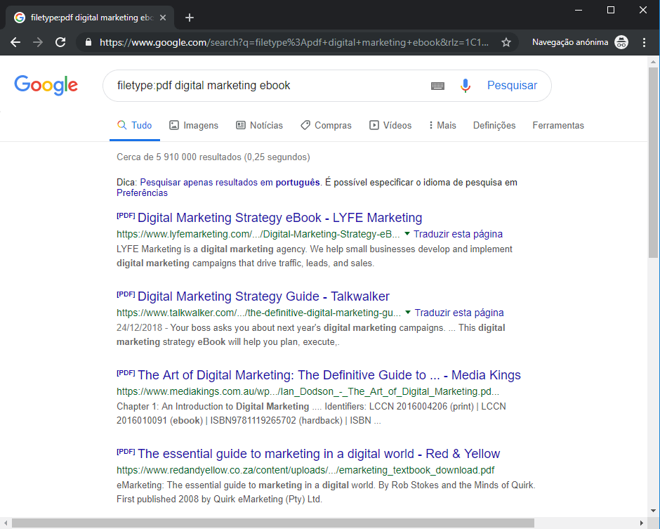 Search result page displaying PDF files on Google