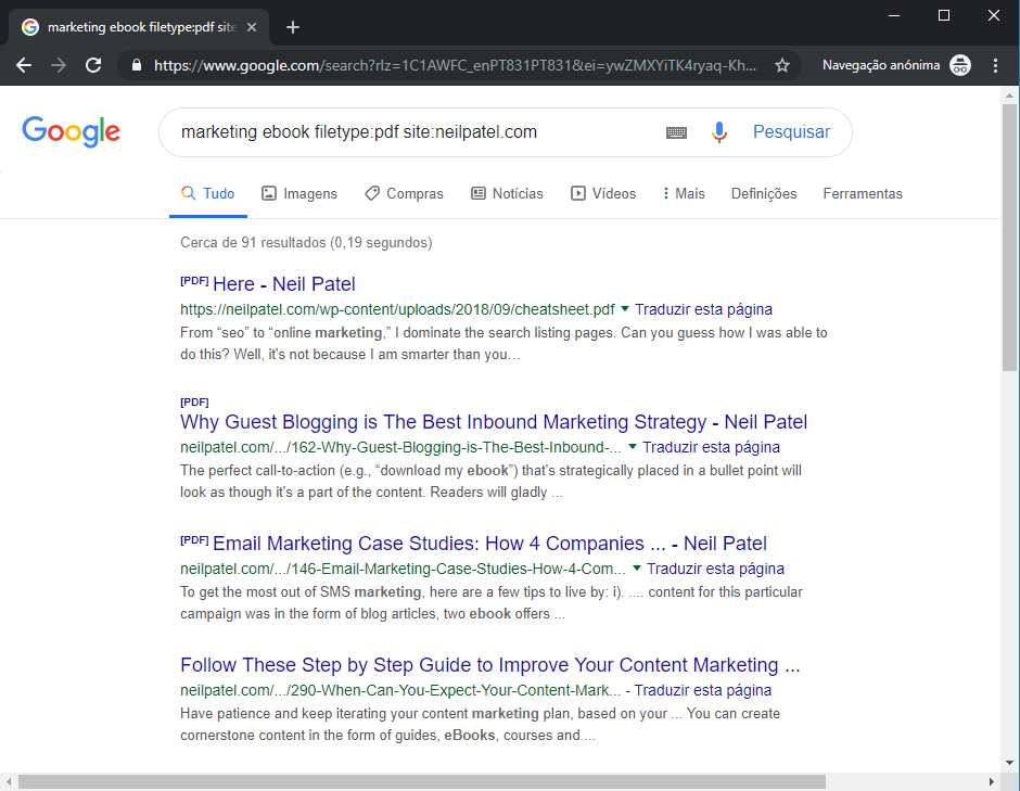 Search result page displaying PDF files from a specific website